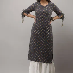 MAUKA Women Grey Ethnic Motifs Printed Pure Cotton Kurta with Sharara-45