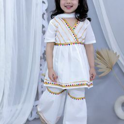 JUNITOS Girls Striped V-Neck Embroidered Gotta Patti Pure Cotton Kurta Sharara & Dupatta-picture-38
