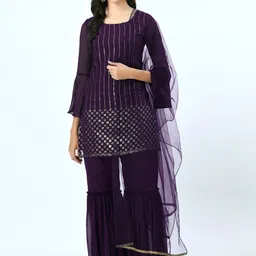 V&M Women Purple Mirror Work Kurta With Sharara & Net Dupatta-picture-48