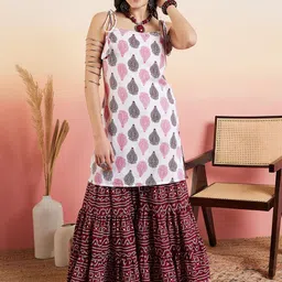 Inddus White & Pink Ethnic Motifs Printed Straight Pure Cotton Kurta With Sharara-picture-18