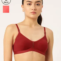 Lady Lyka Women's Set Of 2 Maroon & Coral Cotton Push-Up Bra-6