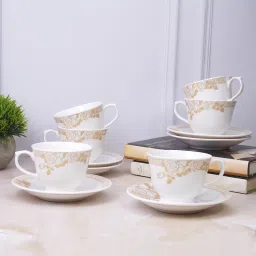 Pack of 12 Bone China Cup & Saucer Set of 6 - Leaf Series-21