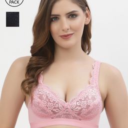 Floret Women Pink & Navy Blue Set Of 2 Self Designed Bra-27