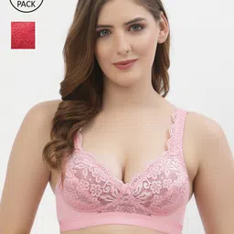Floret Set Of 2 Pink & Red Non Padded & Non Wired Lace Floral Bra-1
