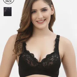 Floret Set Of 2 Black & Navy Blue Non Padded & Non Wired Lace Bra-10