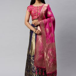 flaher Navy Blue & Pink Woven Design Unstitched Lehenga & Blouse with Dupatta-picture-10