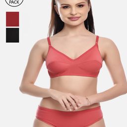 FIMS Woman Pack of 3 Black, Orange & Maroon Cotton Lingerie Set-image-6