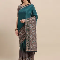 Mitera Teal Blue & Grey Ombre Embroidered Silk Blend Saree-39