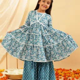 Sangria Girls Ethnic Motifs Printed Pure Cotton Anarkali Kurta With Sharara-image-41