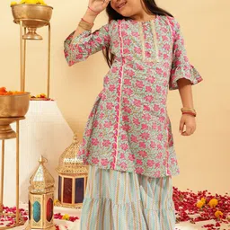 Sangria Girls Floral Printed Pure Cotton Gotta Patti A-Line Kurta With Sharara-picture-47