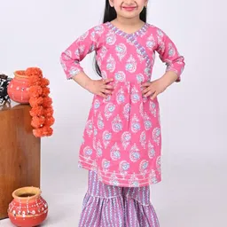 Maaikid Girls Floral Printed Angrakha Gotta Patti Pure Cotton Kurta With Sharara-image-23