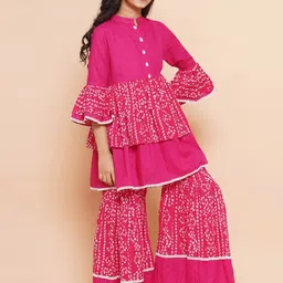 Modish Couture Girls Bandhani Printed Layered Thread Work Pure Cotton Kurta with Sharara-image-111