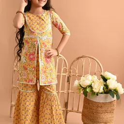 LilPicks Girls Ethnic Motifs Printed Empire Gotta Patti Pure Cotton Kurta With Sharara-image-36