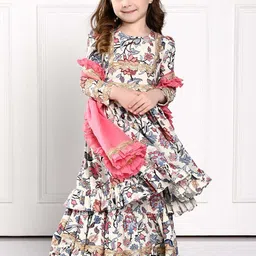 THE PONY & PEONY CO. Girls Printed Thread Work Anarkali Kurta With Sharara & Dupatta-image-11