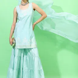 Vishudh Women Blue Ethnic Motifs Embroidered Kurti with Sharara & With Dupatta-43