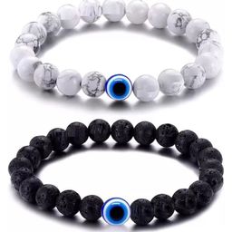 MEENAZ Unisex Set Of 2 Leather Silver-Plated Evil Eye Elasticated Couple Bracelets-57