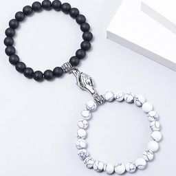 MEENAZ Unisex Set Of 2 Silver-Plated Magnetic Couple Adjustable Elasticated Bracelets-32