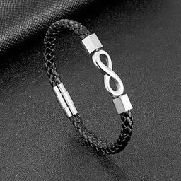 The Roadster Lifestyle Co. Men Silver-Plated Stainless Steel Wraparound Leather Bracelet-image-89
