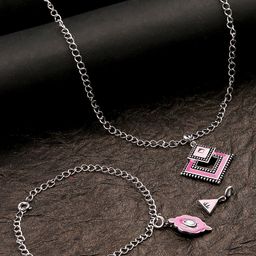 Voylla Womens Silver & Pink Shade Enameled Charms Pendant with Bracelet-image-71