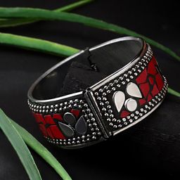 CARDINAL Women Silver-Toned & Maroon Meenakari Brass-Plated Cuff Bracelet-3