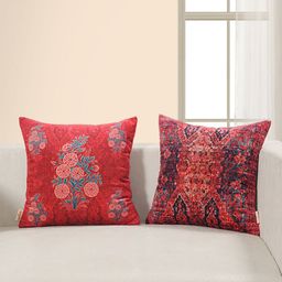 SWAYAM Set of 2 Red & Blue Floral Velvet Square Cushion Covers-16