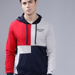 The Indian Garage Co Men Red & Navy Blue Colourblocked Hooded Sweatshirt-picture-30