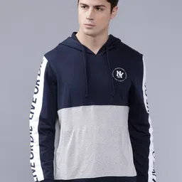 The Indian Garage Co Men Navy Blue & Grey Self Design Hooded Sweatshirt-picture-57