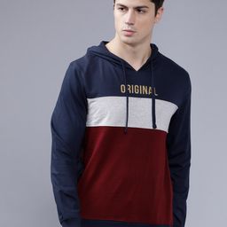 The Indian Garage Co Men Burgundy & Navy Blue Colourblocked Hooded Sweatshirt-image-40
