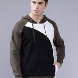 The Indian Garage Co Men Olive Green & White Colourblocked Hooded Sweatshirt-image-49