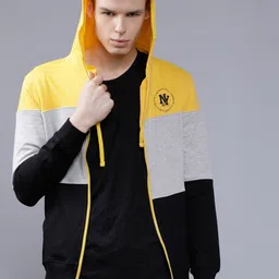 The Indian Garage Co Men Yellow & Grey Colourblocked Hooded Sweatshirt-image-61