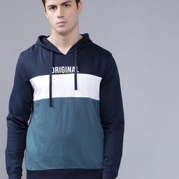 The Indian Garage Co Men Blue & White Colourblocked Hooded Sweatshirt-image-31