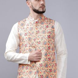 The Indian Garage Co Men Beige & Blue Floral Printed Nehru Jacket-17
