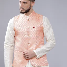 The Indian Garage Co Men Peach-Coloured Woven Design Nehru Jacket-picture-22