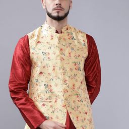 The Indian Garage Co Men Yellow & Pink Floral Printed Nehru Jacket-27