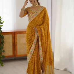 satrani Printed, Embellished, Embroidered Bandhani Georgette Saree-picture-16
