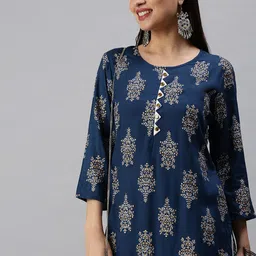 SHOWOFF Women Blue  Floral Three-Quarter Sleeves Round Neck  Straight Kurta Sets-image-57