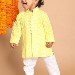 VASTRAMAY Boys Mustard Yellow And White Pure Cotton Chikankari Kurta Pyjama Set-47