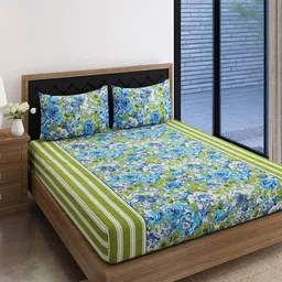SWAYAM Green & Blue Floral Printed 144 TC Cotton King Bedsheet with 2 Pillow Covers-33