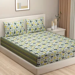 SWAYAM White & Yellow Floral Printed 144 TC King Bedsheet with 2 Pillow Covers-image-81