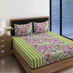 SWAYAM Green & Pink Floral Printed 144 TC Cotton King Bedsheet with 2 Pillow Covers-image-46