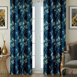Cortina Blue & Beige Set Of 2 Floral Printed Regular Door Curtains-17