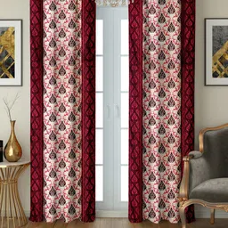 Cortina Maroon & White Set of 2 Damask Printed Door Curtains-17