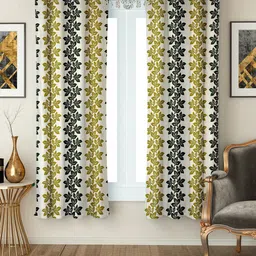 Cortina White & Green Set Of 2 Floral Printed Regular Window Curtains-1