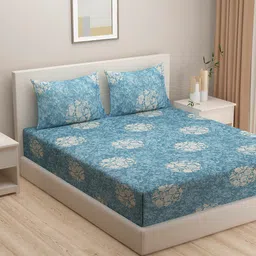 SWAYAM Floral Blue & Beige Floral 200 TC Cotton King Bedsheet with 2 Pillow Covers-image-99