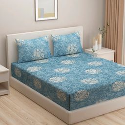 SWAYAM Blue & Beige Ethnic Motifs 200 TC Cotton King Bedsheet with 2 Pillow Covers-image-23