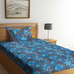 Arrabi Blue & Grey Floral 130 TC Single Bedsheet with 1 Pillow Covers-13
