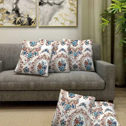 Arrabi Set Of 5 Blue & Off White Floral Printed Chennille Square Cushion Covers-29