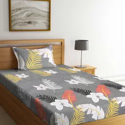 Arrabi Grey & White Floral 130 TC Single Bedsheet with 1 Pillow Covers-29