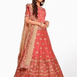 MIMOSA Peach-Coloured & Gold-Toned Semi-Stitched Lehenga & Unstitched Blouse With Dupatta image 4