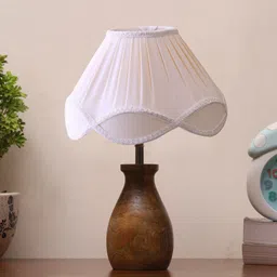 Devansh Off White Vintage Cotton Table Lamp With Wooden Natural Base-11